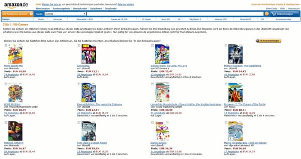 2 für 1: Amazon verschenkt Wii-Spiele