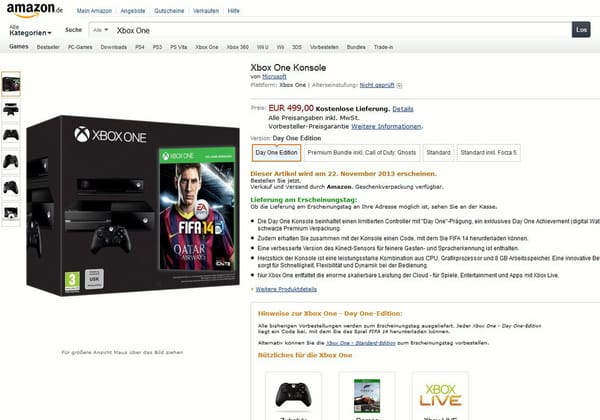 Xbox One: Amazon.de führt wieder Day-One-Konsole